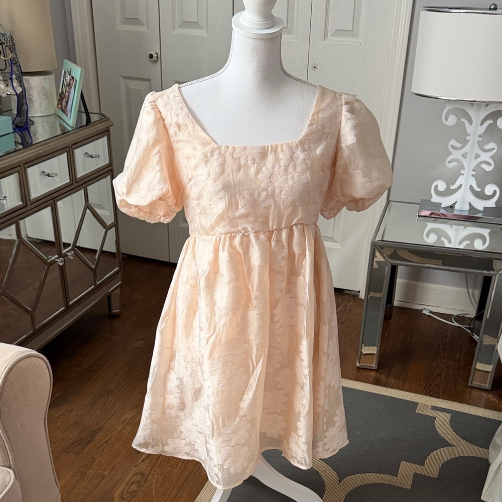 Topshop Pale Peach babydoll Mini Dress with Black Bow - Darling Size 8